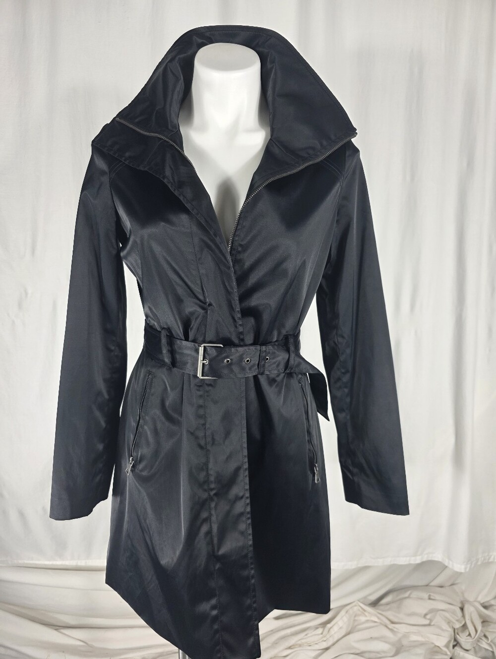 Mossimo Sexy Black Belted Trench Coat S Whimsy Goth Dark Academia Matrix Rain - Picture 3 of 16
